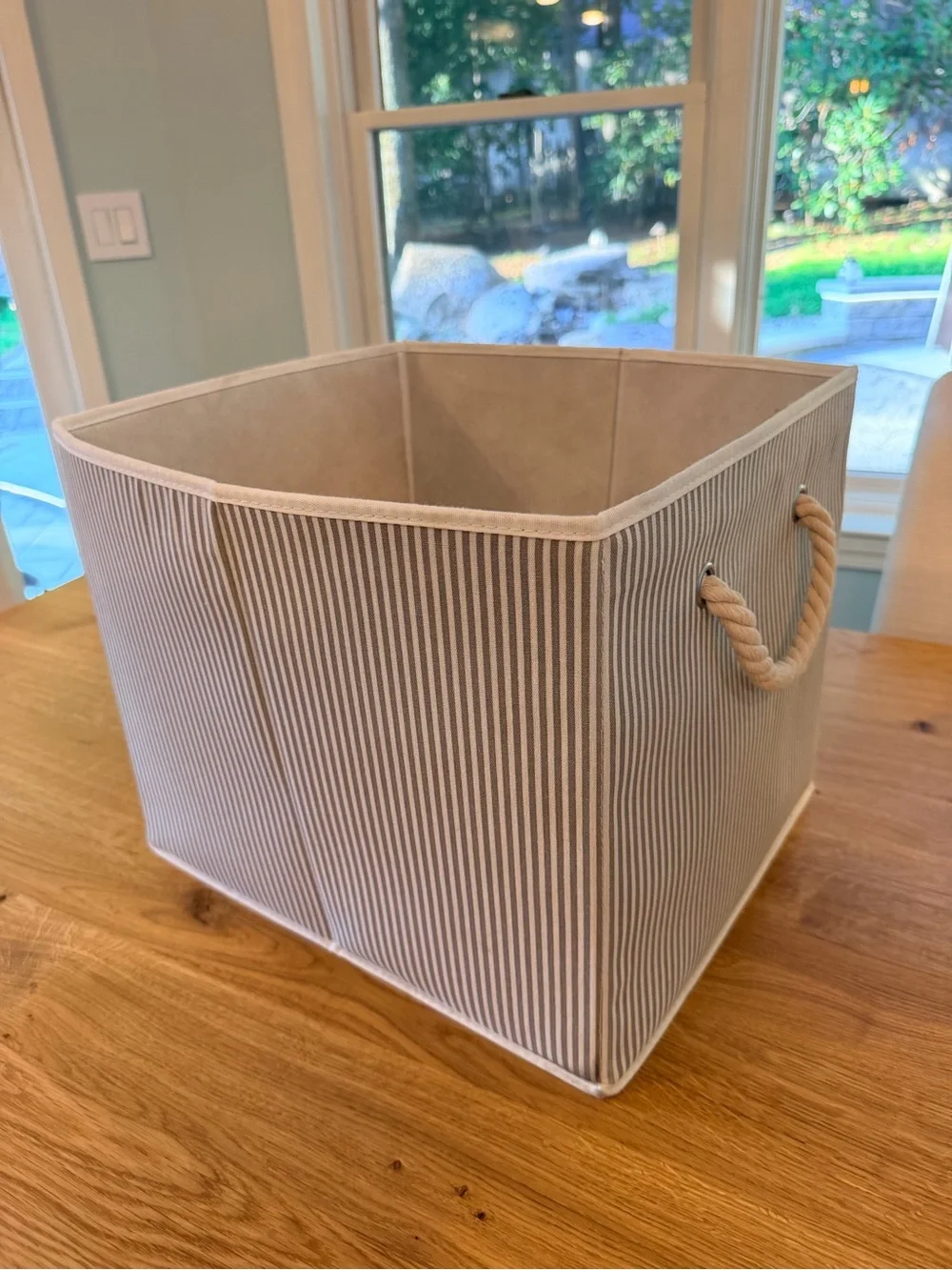 13” Striped Canvas Storage Bin with Rope Handles - Gray
